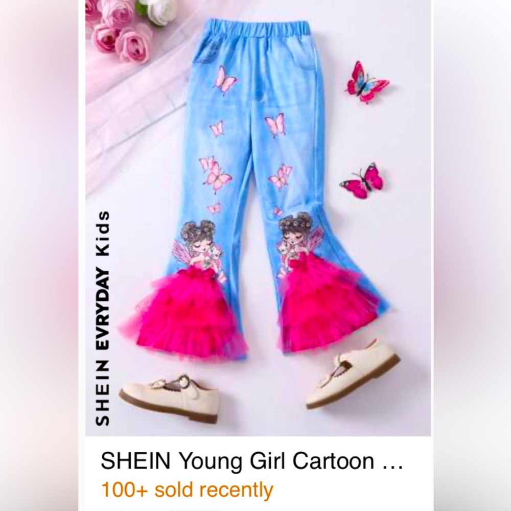 BNIB Young Girls Cartoon Girl Butterfly Print Bell Bottom Indigo Jeans Pants 6 Y - Picture 10 of 15